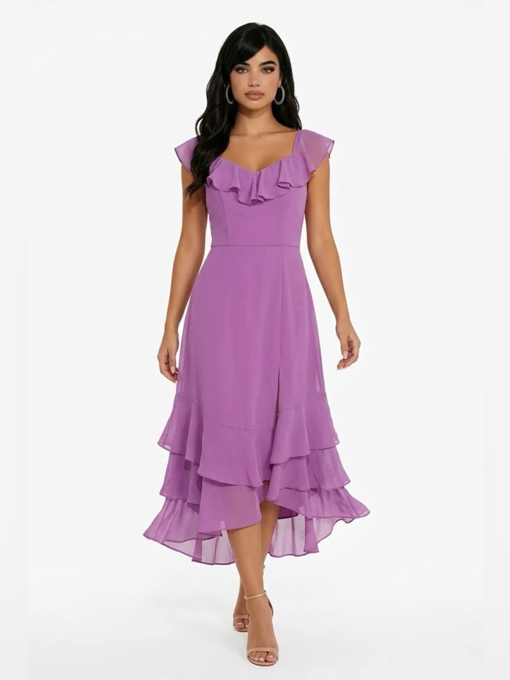 NWOT AW Bridal SZ 6 purple maxi w/asymmetrical hemline w/ruffle accents/bust 34”